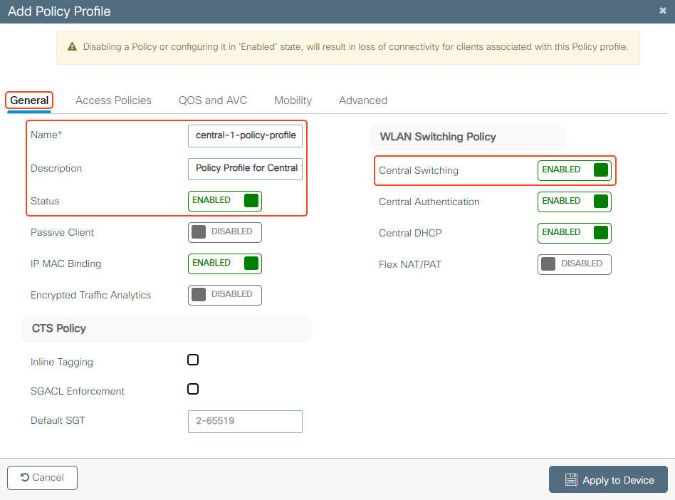 Add Policy Profile for Central 1 - General