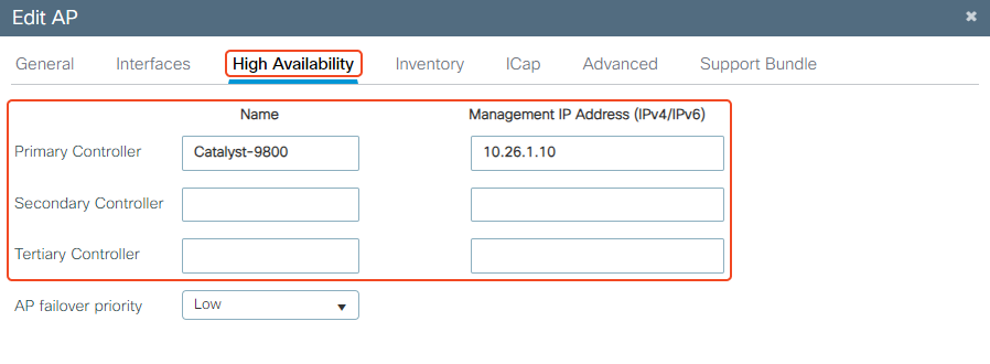 Edit AP High Availability Primary Controller